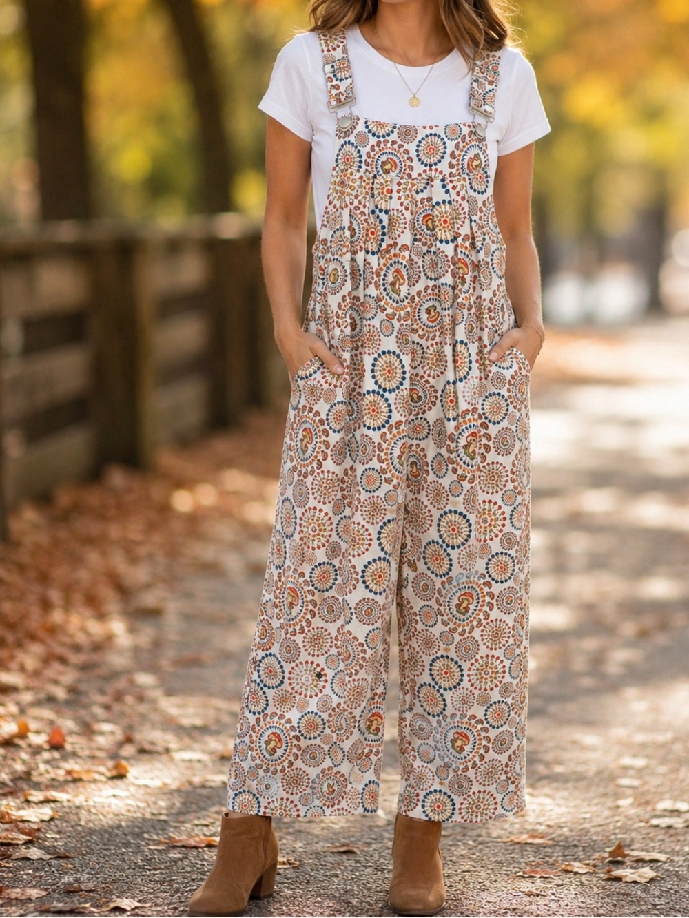 Gypsy Rose Cotton Mushroom Burst Print Wide Leg Overalls Jumpsuit - Size S/M